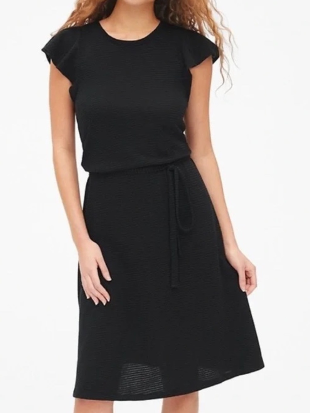 GAP black stripe belted flutter sleeve midi dress cotton M Fall Autumn Witchy